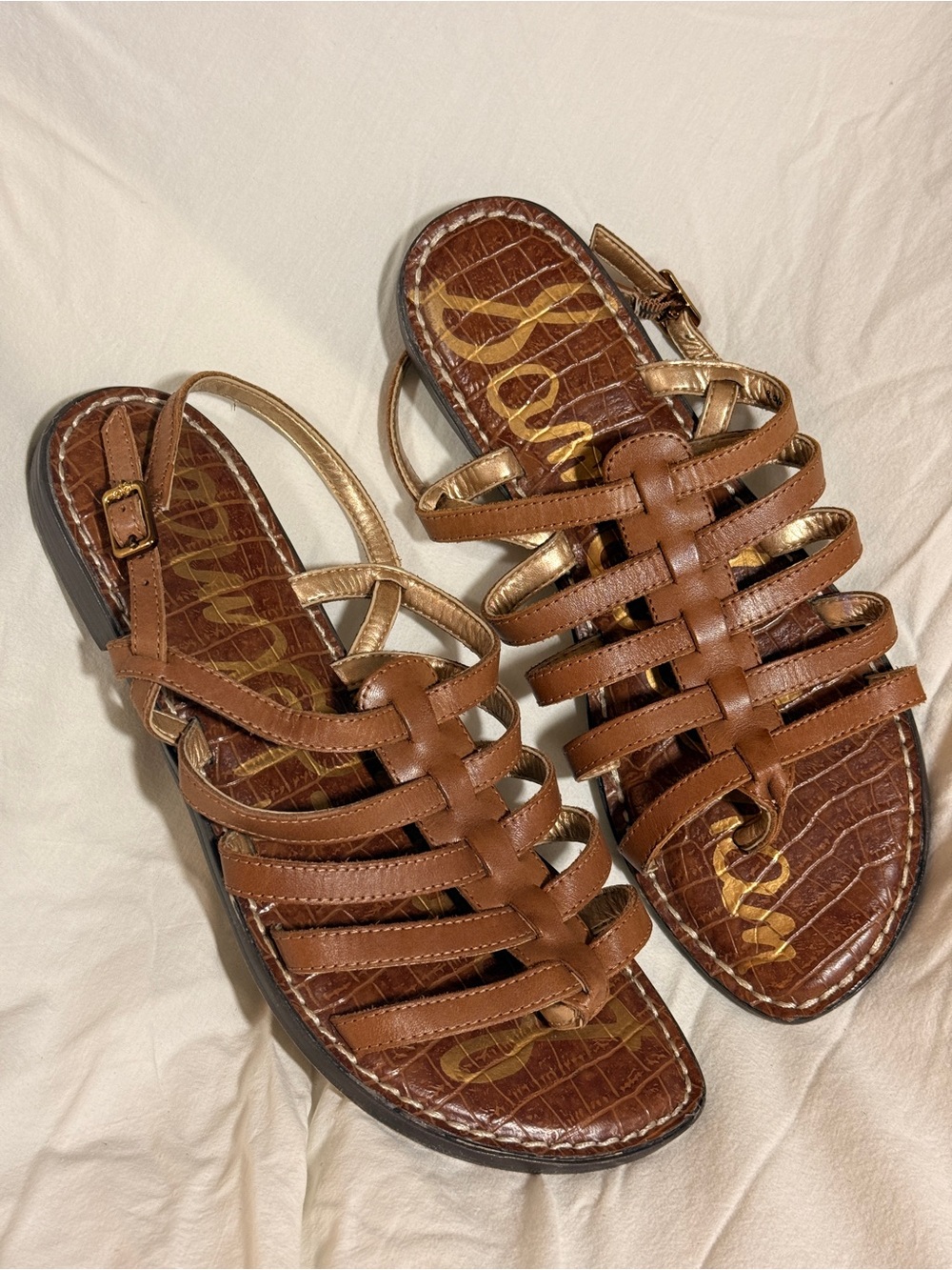 Sam Edelman Brown Multi-Strap Leather Sandals with Gold Accents
